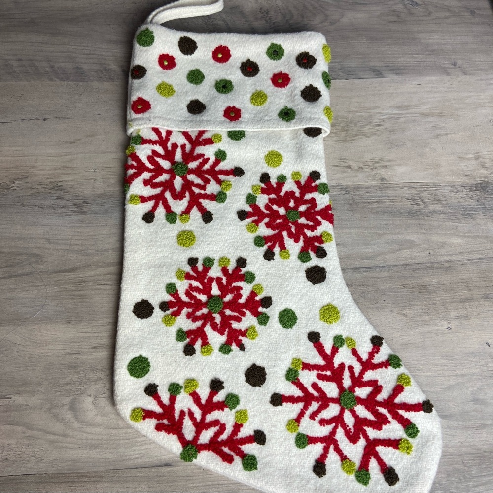 Festive Holiday‎ Stocking w/Red &Green Snowflakes, Polka dots, Christmas, Fabric